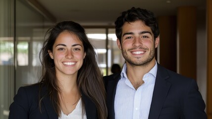Business colleagues smiling inside a modern office building. Possible use Professional networking