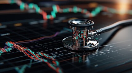 Stethoscope on table with stock price chart in background for healthcare medical wellness sector