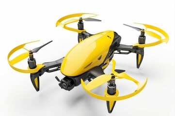 Yellow drone with four propellers on white background.
