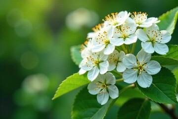 Fototapeta premium Ninebark bush with delicate white spring blossoms, garden, delicate, bush