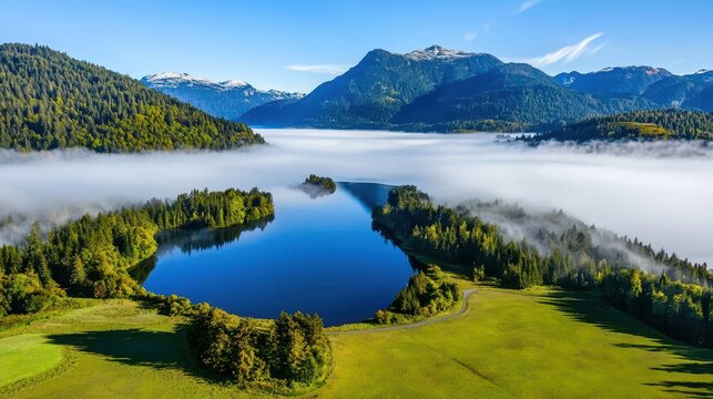 Scenic aerial view of a lake surrounded by mountains and fog