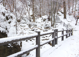 雪の降る山の中の階段と橋