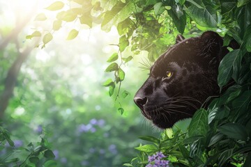 Obraz premium A majestic black panther peeks through lush green foliage, creating a striking contrast with the vibrant jungle backdrop.