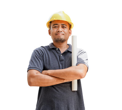 Smiling young construction worker wearing a helmet and safety gear.  Isolated from white background.