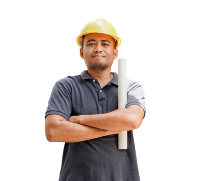 Smiling young construction worker wearing a helmet and safety gear.  Isolated from white background.