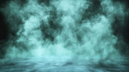 Fototapeta premium Ethereal teal smoke swirls dramatically illuminated by moody low light creating a mysterious atmosphere. AI Generated