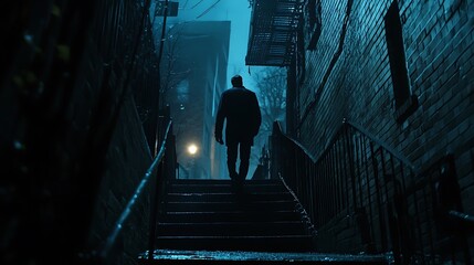 Man Walking Up Stairs in Dark Alleyway at Night