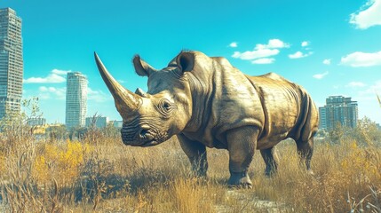 Fototapeta premium Majestic rhino in urban landscape with skyscrapers