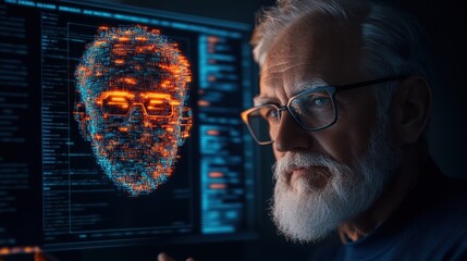 A man observing a computer screen displaying data while it specialists discuss news in a meeting environment
