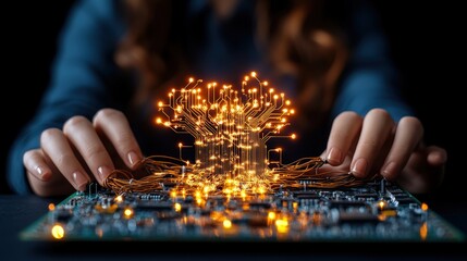 Woman holding circuit board while it technician works on network programming in modern office environment