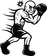 Muscular cartoon boxer in action premium quality silhouette vector art, muscular cartoon boxer in action line art vector illustration