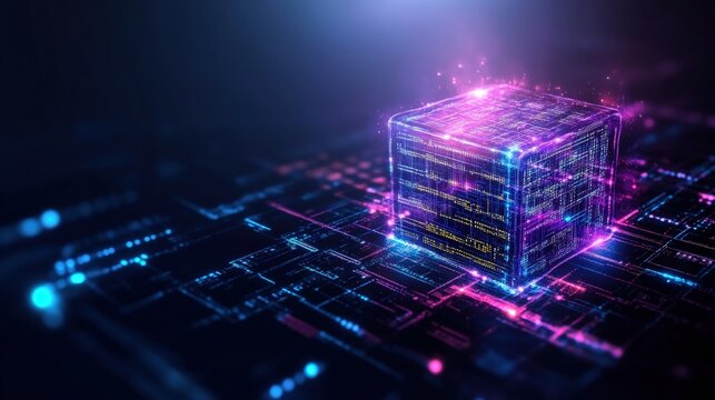 3d glowing cube with lights and it technician programming network on computer in office setting - Powered by Adobe