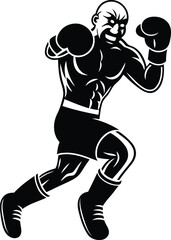 Muscular cartoon boxer in action premium quality silhouette vector art, muscular cartoon boxer in action line art vector illustration