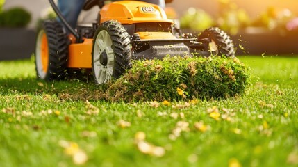Man mowing grass with lawn mower and pruning hedges in residential garden landscape