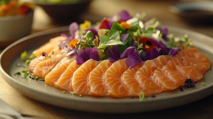 A beautifully arranged plate of salmon sashimi garnished with colorful edible flowers and greens.