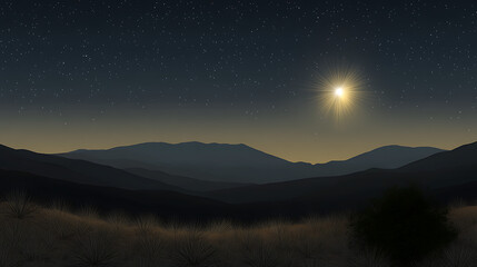 Fototapeta premium Serene Mountain Range Under a Starry Night Sky with a Bright Star Shining in the Distance.