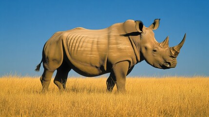 Fototapeta premium Majestic rhinoceros grazing in golden savanna under clear blue sky