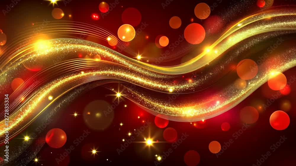 Poster glittering wave of golden and red bokeh with sparkles in dynamic motion