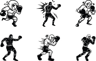 Muscular cartoon boxer in action premium quality silhouette vector art, muscular cartoon boxer in action line art vector illustration set
