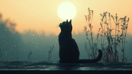 cats howling at the moon light beige light blue,white colors cat on the roof wallpaper