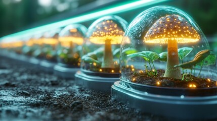 Glowing Mushrooms Under Glass Domes in a Futuristic Setting. Generative AI