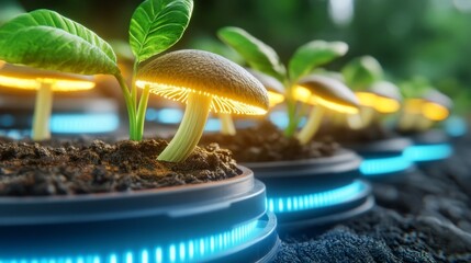 Futuristic illuminated mushrooms and plants growing in soil with glowing effects. Generative AI