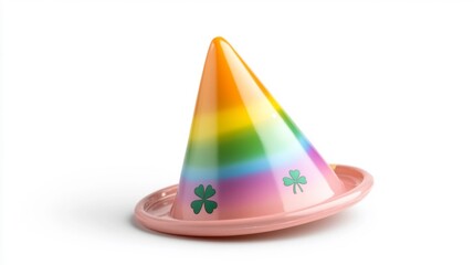Fototapeta premium Rainbow Cone with Shamrock Designs on a White Isolated Background. Generative AI
