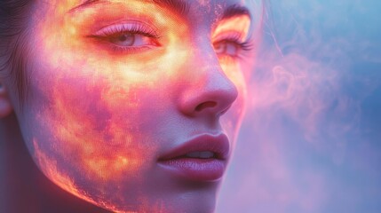 Portrait of a woman with a glowing effect on her face. Generative AI