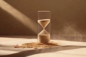 Dementia risk visualized by a sand timer with grains vanishing mid-flow. Featuring warm tones and symbolic lighting