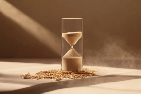 Dementia risk visualized by a sand timer with grains vanishing mid-flow. Featuring warm tones and symbolic lighting