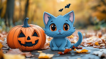 Naklejka premium charming halloween themed coloring activity featuring a playful cat,pumpkin for childrenrs creativity enhancement