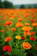 Fototapeta premium Orange and red cempasuchil flowers in a field, tagetes erecta, fields