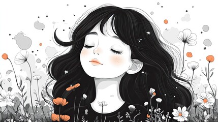 charming kawaii girl line art minimalist black,white vector illustration for modern decor,design