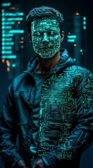 Futuristic Man with Circuit Board Face Overlay - Digital Transformation, AI, and Technology Concept