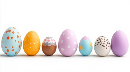 Fototapeta premium Colorful Easter eggs arranged in a row on a white background. Generative AI