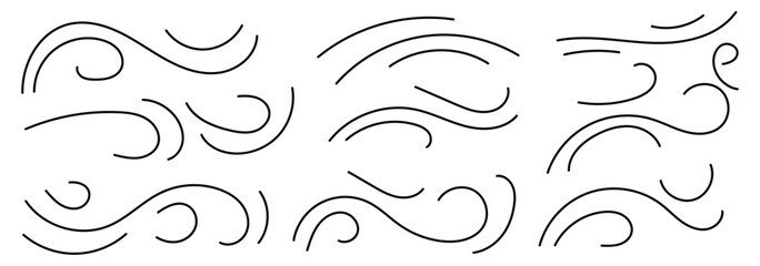 Sketch drawn air blow motion, smoke flow art, abstract line. Doodle wind line sketch set. Doodle line wind moving set. wind line art cartoon doodle vector illustrator.