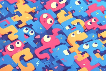 Cartoon creatures, playful pattern, abstract background, digital art, various expressions, vibrant colors, use in children's design, or as a wallpaper