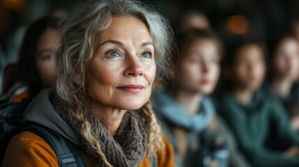 Fototapeta premium Woman Gazing at the Horizon with a Thoughtful Expression in a Group Setting. Generative AI