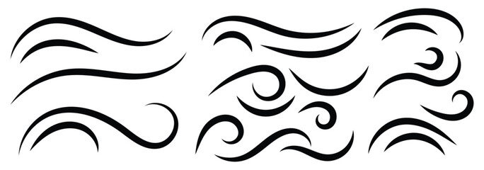 Fototapeta premium Hand drawn doodle wind motion, air blow, swirl elements. Wind icon set. Doodle wind line sketch elements. vector illustration. 