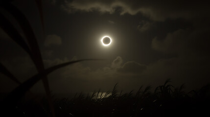 Solar Eclipse at Dawn Over Field of Grain with Dramatic Sky and Silhouette Plants in Foreground.