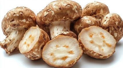 Fresh Mushrooms Cut in Half on White Isolated Background. Generative AI