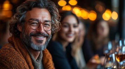Obraz premium Smiling Middle-Aged Man with Glasses and Friends in a Warm Setting. Generative AI
