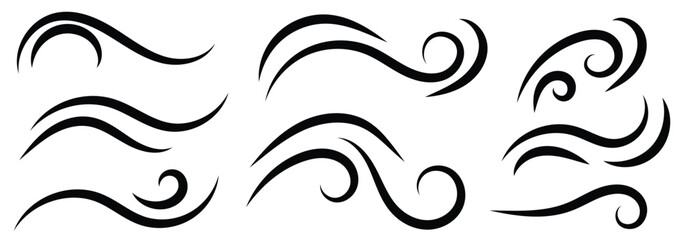 Hand drawn doodle wind motion, air blow, swirl elements. Wind icon set. Doodle wind line sketch elements. vector illustration. 