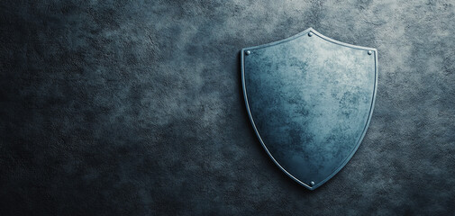 Metallic shield on textured wall backdrop conveying protection and security themes.