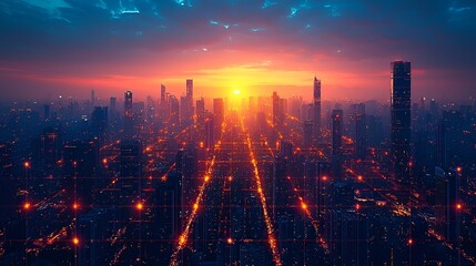 Fototapeta premium Sunrise over futuristic city skyline, aerial view, possible use for tech background