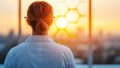 Scientist observing hexagonal patterns at sunrise, symbolizing innovation and discovery in a modern laboratory setting.