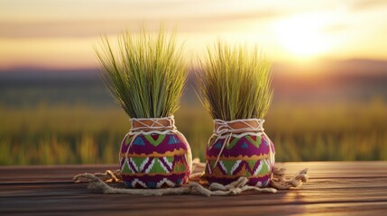 Two colorfully decorated easter eggs on a wooden table with aromatic materials for smudging cleansing