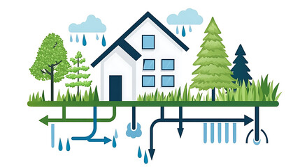 Sustainable Water Management Cycle around a Home with Trees and Rain for Resource Conservation.