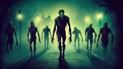 Group of Zombies Walking on a Foggy Street with Eerie Green Light at Night