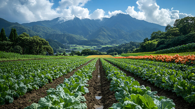 Lush agricultural fields with vibrant crops, Cultivated farmland, Picturesque countryside, Panoramic vista